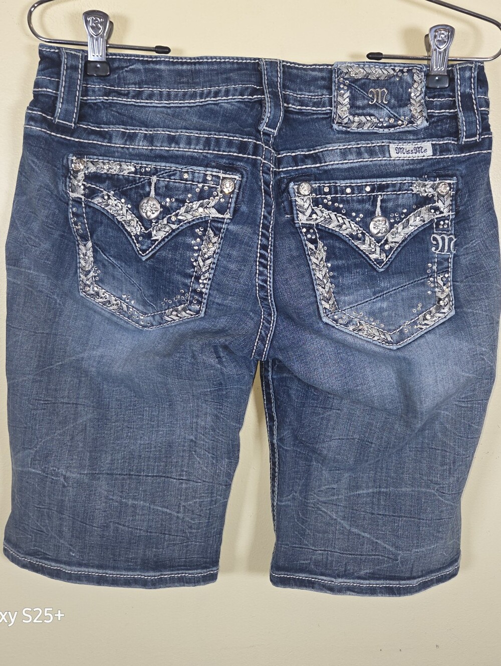 Miss Me Mid Rise Easy Bermuda Denim Shorts Size 27 Distressed Embellished